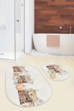 - RealHomes - Realhomes  Kabak Eskitme Motifli Dijital Baskılı 2'li Oval Kaymaz Tabanlı Banyo & Mutfak Paspas Takımı Realhomes