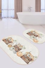 - RealHomes - Realhomes  Kabak Eskitme Motifli Dijital Baskılı 2'li Oval Kaymaz Tabanlı Banyo & Mutfak Paspas Takımı Realhomes
