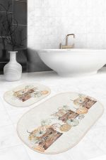 - RealHomes - Realhomes  Kabak Eskitme Motifli Dijital Baskılı 2'li Oval Kaymaz Tabanlı Banyo & Mutfak Paspas Takımı Realhomes