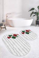 - RealHomes - Realhomes  Notalı Ekose Çan Motifli Dijital Baskılı 2'li Oval Kaymaz Tabanlı Banyo & Mutfak Paspas Takımı Realhomes