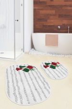 - RealHomes - Realhomes  Notalı Ekose Çan Motifli Dijital Baskılı 2'li Oval Kaymaz Tabanlı Banyo & Mutfak Paspas Takımı Realhomes