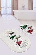 - RealHomes - Realhomes  Beyaz Zemin Yılbaşı Temalı Çam Ağacı Motifli 2'li Oval Kaymaz Tabanlı Banyo & Mutfak Paspas Takımı Realhomes