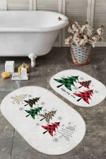 - RealHomes - Realhomes  Beyaz Zemin Yılbaşı Temalı Çam Ağacı Motifli 2'li Oval Kaymaz Tabanlı Banyo & Mutfak Paspas Takımı Realhomes