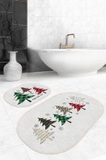- RealHomes - Realhomes  Beyaz Zemin Yılbaşı Temalı Çam Ağacı Motifli 2'li Oval Kaymaz Tabanlı Banyo & Mutfak Paspas Takımı Realhomes