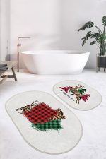 - RealHomes - Realhomes  Ekose Tasarımlı Geyik Motifli Yılbaşı Temalı 2'li Oval Kaymaz Tabanlı Banyo & Mutfak Paspas Takımı Realhomes