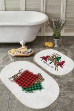 - RealHomes - Realhomes  Ekose Tasarımlı Geyik Motifli Yılbaşı Temalı 2'li Oval Kaymaz Tabanlı Banyo & Mutfak Paspas Takımı Realhomes