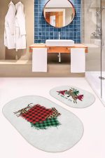 - RealHomes - Realhomes  Ekose Tasarımlı Geyik Motifli Yılbaşı Temalı 2'li Oval Kaymaz Tabanlı Banyo & Mutfak Paspas Takımı Realhomes