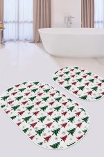 - RealHomes - Realhomes  Beyaz Zemin Ekose Çam Ağaçları Özel Tasarım 2'li Oval Kaymaz Tabanlı Banyo & Mutfak Paspas Takımı Realhomes