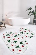 - RealHomes - Realhomes  Ekose Çam Ağacı Tasarımlı Yılbaşı Temalı 2'li Oval Kaymaz Tabanlı Banyo & Mutfak Paspas Takımı Realhomes