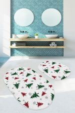 - RealHomes - Realhomes  Ekose Çam Ağacı Tasarımlı Yılbaşı Temalı 2'li Oval Kaymaz Tabanlı Banyo & Mutfak Paspas Takımı Realhomes