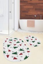 - RealHomes - Realhomes  Ekose Çam Ağacı Tasarımlı Yılbaşı Temalı 2'li Oval Kaymaz Tabanlı Banyo & Mutfak Paspas Takımı Realhomes