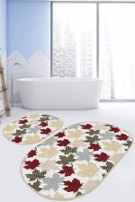 - RealHomes - Realhomes Ekose Yaprak Tasarımlı Yılbaşı Temalı 2'li Oval Kaymaz Tabanlı Banyo & Mutfak Paspas Takımı Realhomes