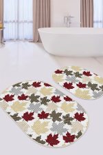 - RealHomes - Realhomes Ekose Yaprak Tasarımlı Yılbaşı Temalı 2'li Oval Kaymaz Tabanlı Banyo & Mutfak Paspas Takımı Realhomes