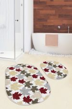 - RealHomes - Realhomes Ekose Yaprak Tasarımlı Yılbaşı Temalı 2'li Oval Kaymaz Tabanlı Banyo & Mutfak Paspas Takımı Realhomes