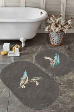 - RealHomes - Realhomes  Koyu Füme Zeminli Renkli Tüy Motifli 2'li Oval Kaymaz Tabanlı Banyo & Mutfak Paspas Takımı Realhomes