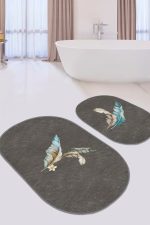 - RealHomes - Realhomes  Koyu Füme Zeminli Renkli Tüy Motifli 2'li Oval Kaymaz Tabanlı Banyo & Mutfak Paspas Takımı Realhomes