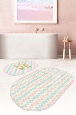 - RealHomes - Realhomes  Renkli Zigzag Motifli Gold Detaylı Dijital Baskılı 2'li Oval Kaymaz Tabanlı Banyo & Mutfak Paspas Takımı Realhomes