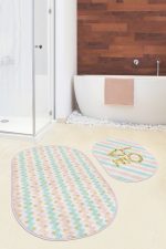 - RealHomes - Realhomes  Renkli Zigzag Motifli Gold Detaylı Dijital Baskılı 2'li Oval Kaymaz Tabanlı Banyo & Mutfak Paspas Takımı Realhomes