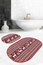 - RealHomes - Realhomes Yılbaşı Temalı Kanaviçe Motifli Geyik Özel Tasarım 2'li Oval Kaymaz Tabanlı Banyo & Mutfak Paspas Takımı Realhomes