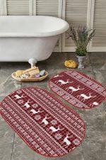 - RealHomes - Realhomes Yılbaşı Temalı Kanaviçe Motifli Geyik Özel Tasarım 2'li Oval Kaymaz Tabanlı Banyo & Mutfak Paspas Takımı Realhomes