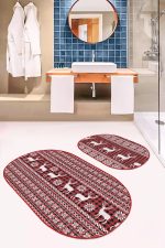 - RealHomes - Realhomes Yılbaşı Temalı Kanaviçe Motifli Geyik Özel Tasarım 2'li Oval Kaymaz Tabanlı Banyo & Mutfak Paspas Takımı Realhomes