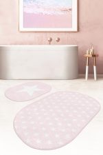 - RealHomes - Realhomes  Pembe Zemin Yıldız Temalı 2'li Oval Kaymaz Tabanlı Banyo & Mutfak Paspas Takımı Realhomes