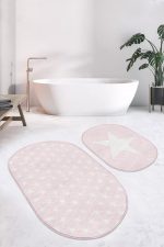 - RealHomes - Realhomes  Pembe Zemin Yıldız Temalı 2'li Oval Kaymaz Tabanlı Banyo & Mutfak Paspas Takımı Realhomes