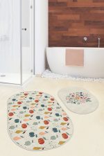 - RealHomes - Realhomes  Renkli Meyveler Özel Tasarım Çiçek Motifli 2'li Oval Kaymaz Tabanlı Banyo & Mutfak Paspas Takımı Realhomes