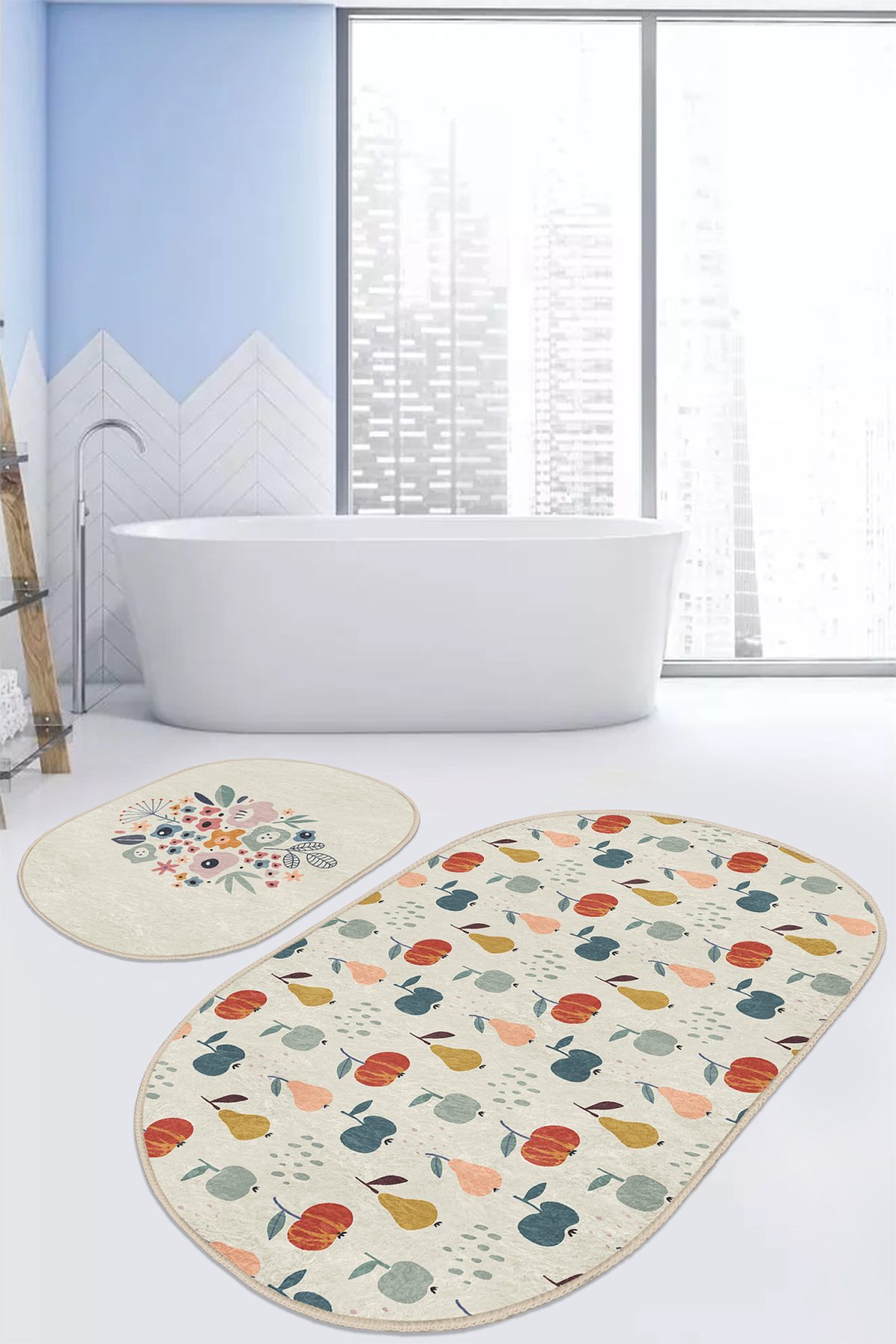 Renkli Meyveler Özel Tasarım Çiçek Motifli 2'li Oval Kaymaz Tabanlı Banyo & Mutfak Paspas Takımı Realhomes
