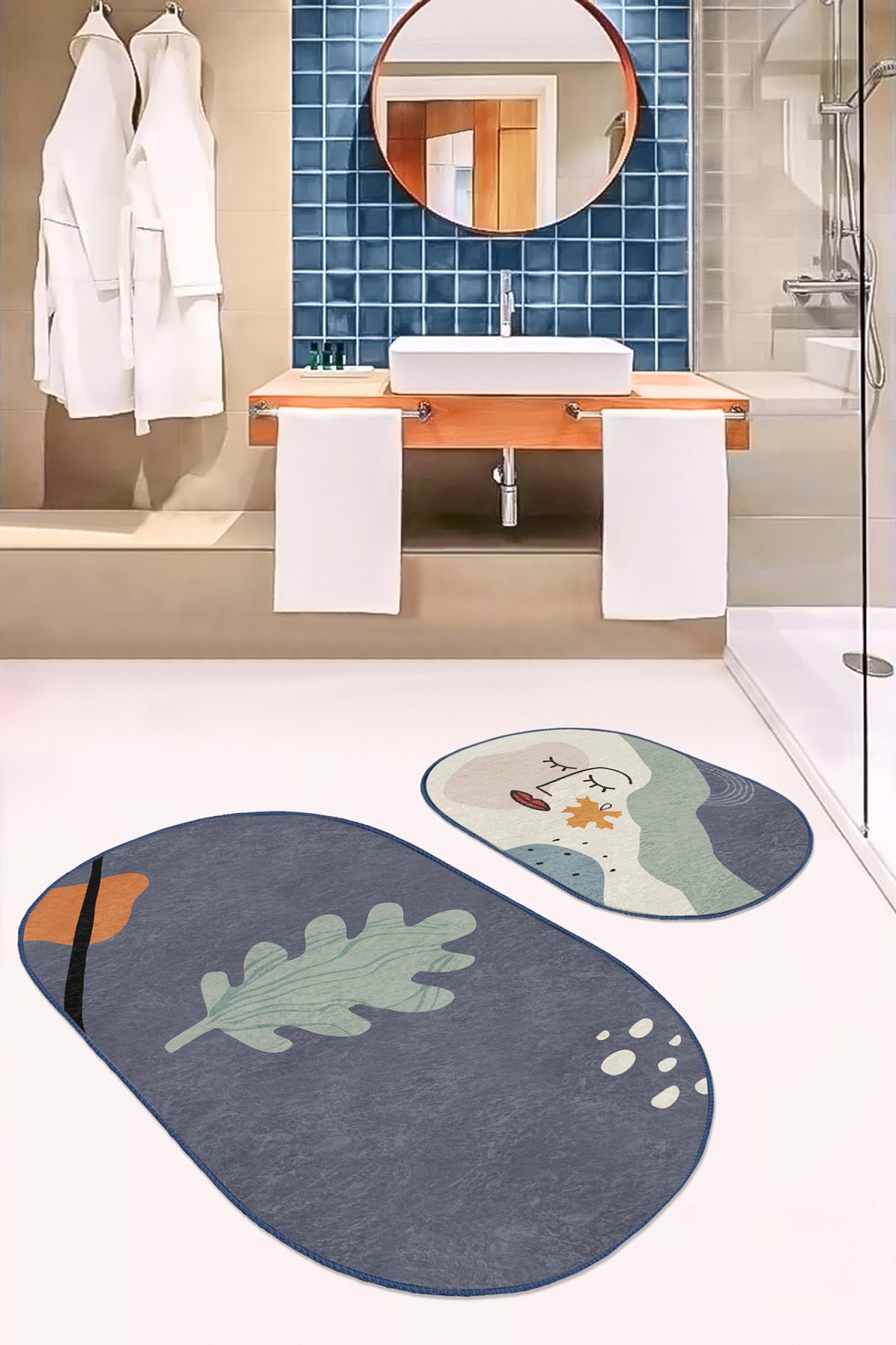 Soyut Tasarımlı Onedraw Motifli Dijital Baskılı 2'li Oval Kaymaz Tabanlı Banyo & Mutfak Paspas Takımı Realhomes
