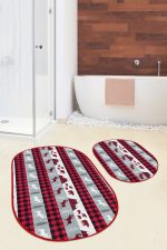 - RealHomes - Realhomes Yılbaşı Temalı Ekose Geyik Tasarımlı 2'li Oval Kaymaz Tabanlı Banyo & Mutfak Paspas Takımı Realhomes