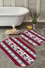 - RealHomes - Realhomes Yılbaşı Temalı Ekose Geyik Tasarımlı 2'li Oval Kaymaz Tabanlı Banyo & Mutfak Paspas Takımı Realhomes