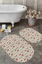 - RealHomes - Realhomes  Beyaz Zemin Çiçek Gül Motifli 2'li Oval Kaymaz Tabanlı Banyo & Mutfak Paspas Takımı Realhomes