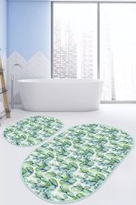 - RealHomes - Realhomes  Yeşil Kaktüs Temalı Dijital Baskılı 2'li Oval Kaymaz Tabanlı Banyo & Mutfak Paspas Takımı Realhomes