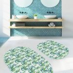 Renkli Uzun Tropik Yapraklar Özel Tasarım 2'li Oval Kaymaz Tabanlı Banyo & Mutfak Paspas Takımı Realhomes