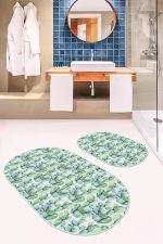 - RealHomes - Realhomes  Yeşil Kaktüs Temalı Dijital Baskılı 2'li Oval Kaymaz Tabanlı Banyo & Mutfak Paspas Takımı Realhomes