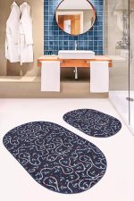 - RealHomes - Realhomes  Lacivert Zemin Denizci Temalı Dijital Baskılı 2'li Oval Kaymaz Tabanlı Banyo & Mutfak Paspas Takımı Realhomes