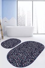 - RealHomes - Realhomes  Lacivert Zemin Denizci Temalı Dijital Baskılı 2'li Oval Kaymaz Tabanlı Banyo & Mutfak Paspas Takımı Realhomes