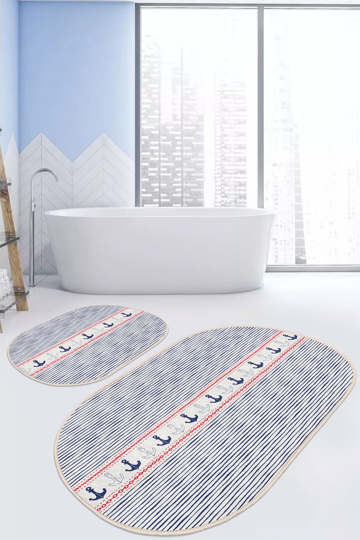 Çizgili Zemin Çapa Temalı Dijital Baskılı 2'li Oval Kaymaz Tabanlı Banyo & Mutfak Paspas Takımı Realhomes