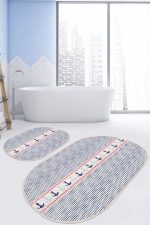 - RealHomes - Realhomes Çizgili Zemin Çapa Temalı Dijital Baskılı 2'li Oval Kaymaz Tabanlı Banyo & Mutfak Paspas Takımı Realhomes