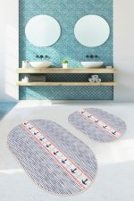 - RealHomes - Realhomes Çizgili Zemin Çapa Temalı Dijital Baskılı 2'li Oval Kaymaz Tabanlı Banyo & Mutfak Paspas Takımı Realhomes