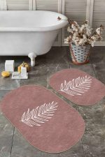 - RealHomes - Realhomes  Düz Renk Zemin Yaprak Çizimli Dijital Baskılı 2'li Oval Kaymaz Tabanlı Banyo & Mutfak Paspas Takımı Realhomes