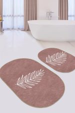 - RealHomes - Realhomes  Düz Renk Zemin Yaprak Çizimli Dijital Baskılı 2'li Oval Kaymaz Tabanlı Banyo & Mutfak Paspas Takımı Realhomes