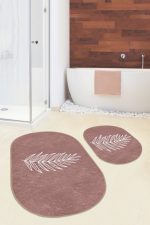 - RealHomes - Realhomes  Düz Renk Zemin Yaprak Çizimli Dijital Baskılı 2'li Oval Kaymaz Tabanlı Banyo & Mutfak Paspas Takımı Realhomes
