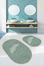 - RealHomes - Realhomes  Düz Renk Zemin Yaprak Çizimli Dijital Baskılı 2'li Oval Kaymaz Tabanlı Banyo & Mutfak Paspas Takımı Realhomes