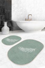 - RealHomes - Realhomes  Düz Renk Zemin Yaprak Çizimli Dijital Baskılı 2'li Oval Kaymaz Tabanlı Banyo & Mutfak Paspas Takımı Realhomes