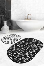 - RealHomes - Realhomes  Siyah Beyaz Kaktüs Motifli Özel Tasarım 2'li Oval Kaymaz Tabanlı Banyo & Mutfak Paspas Takımı Realhomes