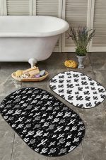 - RealHomes - Realhomes  Siyah Beyaz Kaktüs Motifli Özel Tasarım 2'li Oval Kaymaz Tabanlı Banyo & Mutfak Paspas Takımı Realhomes