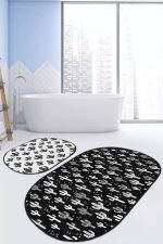 - RealHomes - Realhomes  Siyah Beyaz Kaktüs Motifli Özel Tasarım 2'li Oval Kaymaz Tabanlı Banyo & Mutfak Paspas Takımı Realhomes