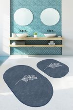 - RealHomes - Realhomes  Düz Renk Zemin Yaprak Çizimli Dijital Baskılı 2'li Oval Kaymaz Tabanlı Banyo & Mutfak Paspas Takımı Realhomes